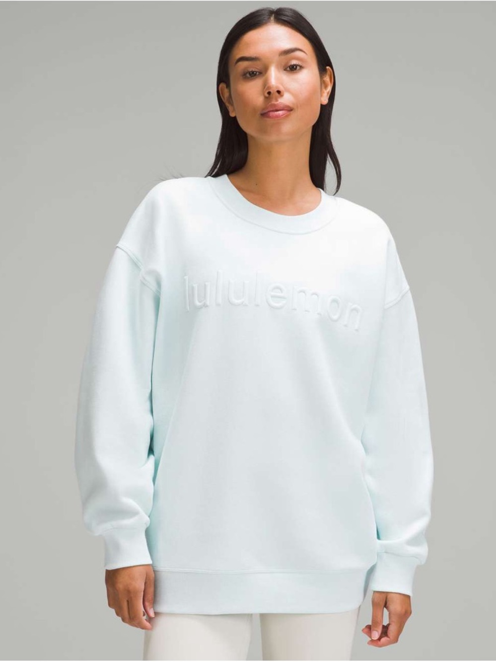 Lululemon Embossed Logo Crewneck Sweatshirt in Pale Blue perfectly oversized
